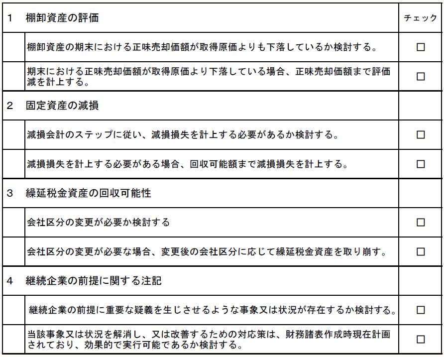 １　棚卸資産の評価 棚卸資産の期末における正味売却価額が取得原価よりも下落しているか検討する。 期末における正味売却価額が取得原価より下落している場合、正味売却価額まで評価減を計上する。 ２　固定資産の減損 減損会計のステップに従い、減損損失を計上する必要があるか検討する。 減損損失を計上する必要がある場合、回収可能額まで減損損失を計上する。 ３　繰延税金資産の回収可能性 会社区分の変更が必要か検討する 会社区分の変更が必要な場合、変更後の会社区分に応じて繰延税金資産を取り崩す。 ４　継続企業の前提に関する注記 継続企業の前提に重要な疑義を生じさせるような事象または状況が存在するか検討する。 当該事象又は状況を解消し、又は改善するための対応策は、財務諸表作成時現在計画されており、効果的で実行可能であるか検討する。
