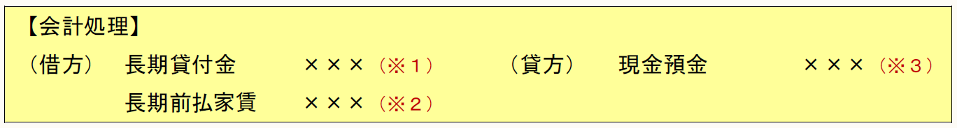 【会計処理】 （借方） 長期貸付金 長期前払費用 ×××（※１） ×××（※２） （貸方） 現金預金 ×××（※３）