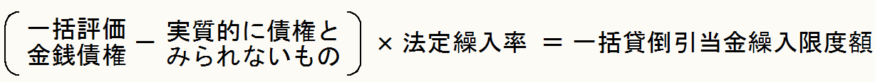 実質的に債権と 一括評価金銭債権 －　　　　　　　　　　 × 法定繰入率 ＝ 一括貸倒引当金繰入限度額 みられないもの