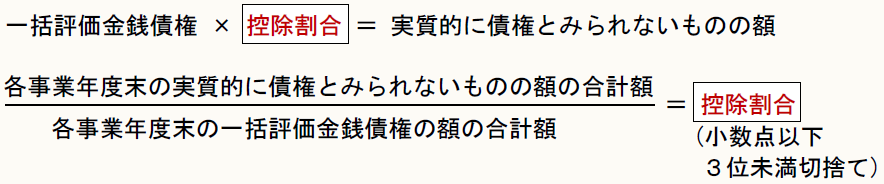 一括評価金銭債権 × 控除割合 ＝ 実質的に債権とみられないものの額  各事業年度末の実質的に債権とみられないものの額の合計額 ＝ 控除割合(小数点以下３位未満切捨て) 各事業年度末の一括評価金銭債権の額の合計額