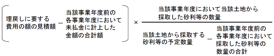埋戻しに要する費用の額の見積額 - 当該事業年度前の各事業年度において未払金に計上した金額の合計額 × 当該事業年度において当該土地から採取した砂利等の数量 当該土地から採取する砂利等の予定数量 - 当該事業年度前の各事業年度において採取した砂利等の数量の合計