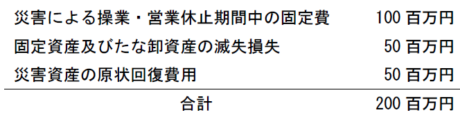災害による操業・営業休止期間中の固定費 100百万円 固定資産及びたな卸資産の滅失損失 50百万円 災害資産の原状回復費用 50百万円 合計 200百万円