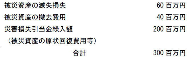 被災資産の滅失損失 60百万円 被災資産の撤去費用 40百万円 災害損失引当金繰入額 200百万円 (被災資産の原状回復費用等) 合計 300百万円