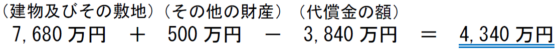 （建物及びその敷地）　（その他の財産）　（代償金の額） 7,680万円　＋　500万円　－　3,840万円　＝　4,340万円